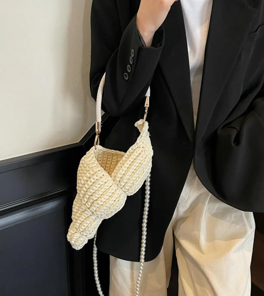Handwoven Fashion Seashell Bag for Women Crochet Beach Bag Unique Boho Clutch with Pearl Strap Leather Handle 2025