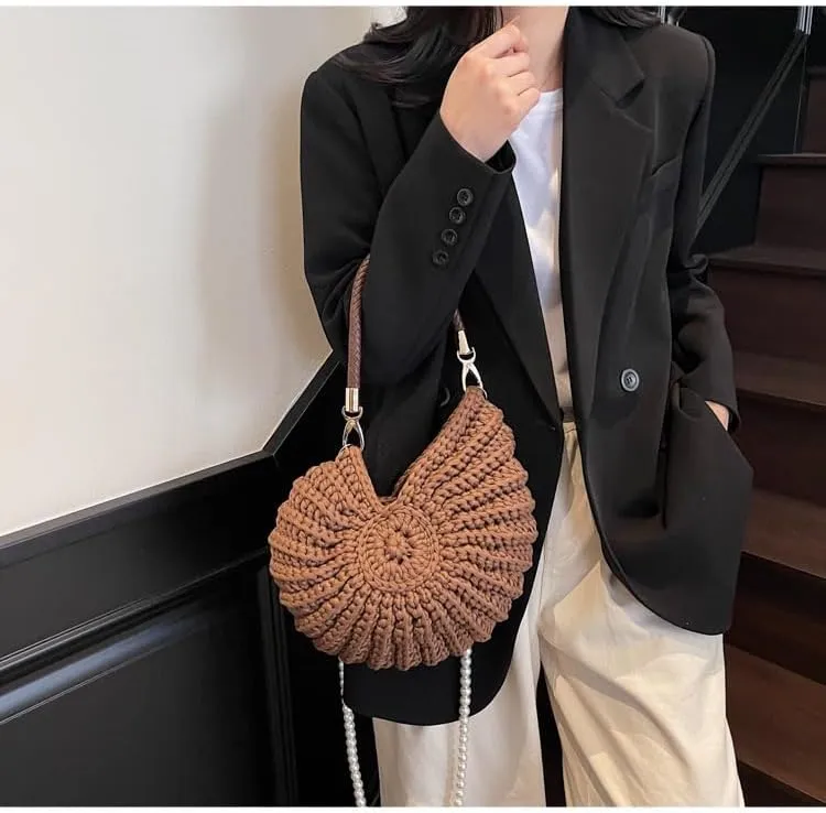 Handwoven Fashion Seashell Bag Stylish & Unique Boho Clutch with Pearl Strap Leather Handle & Premium Hardware
