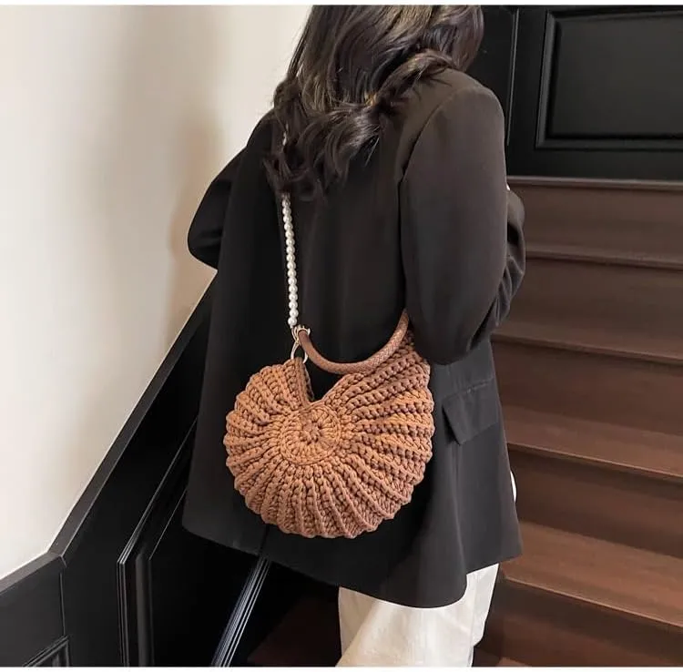 Handwoven Fashion Seashell Bag Stylish & Unique Boho Clutch with Pearl Strap Leather Handle & Premium Hardware