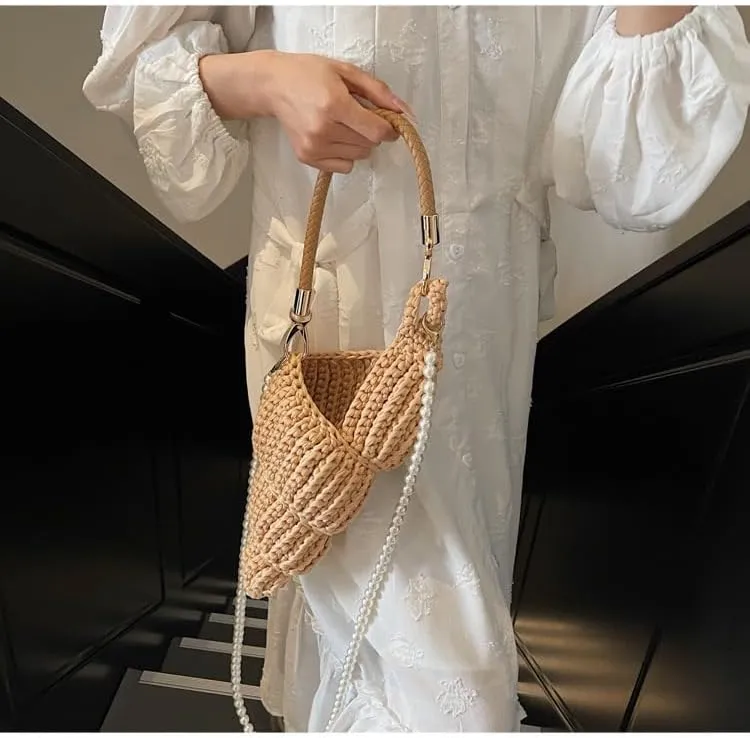 Handwoven Fashion Seashell Bag - Stylish & Unique Boho Clutch with Pearl Strap, Leather Handle & Premium Hardware