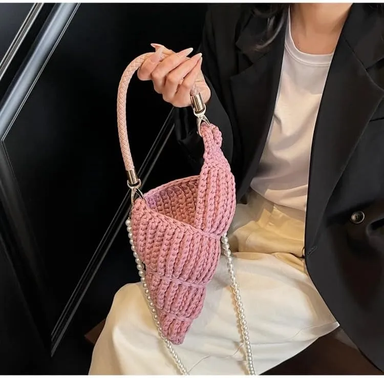 Handwoven Fashion Seashell Bag - Stylish & Unique Boho Clutch with Pearl Strap, Leather Handle & Premium Hardware