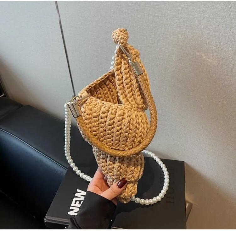 Handwoven Fashion Seashell Bag - Stylish & Unique Boho Clutch with Pearl Strap, Leather Handle & Premium Hardware