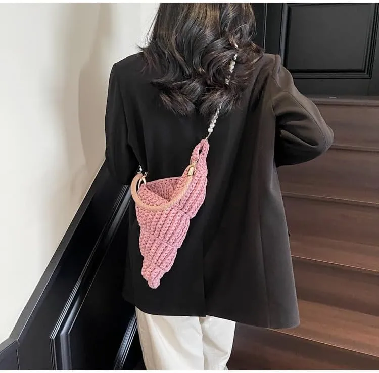 Handwoven Fashion Seashell Bag - Stylish & Unique Boho Clutch with Pearl Strap, Leather Handle & Premium Hardware