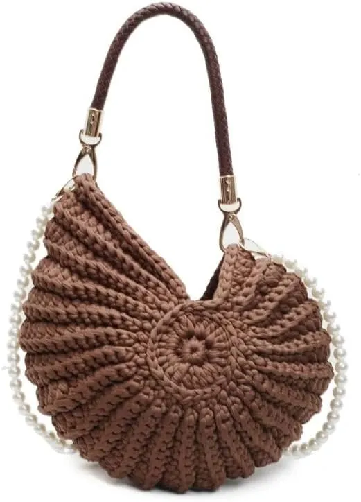 Handwoven Fashion Seashell Bag Stylish & Unique Boho Clutch with Pearl Strap Leather Handle & Premium Hardware