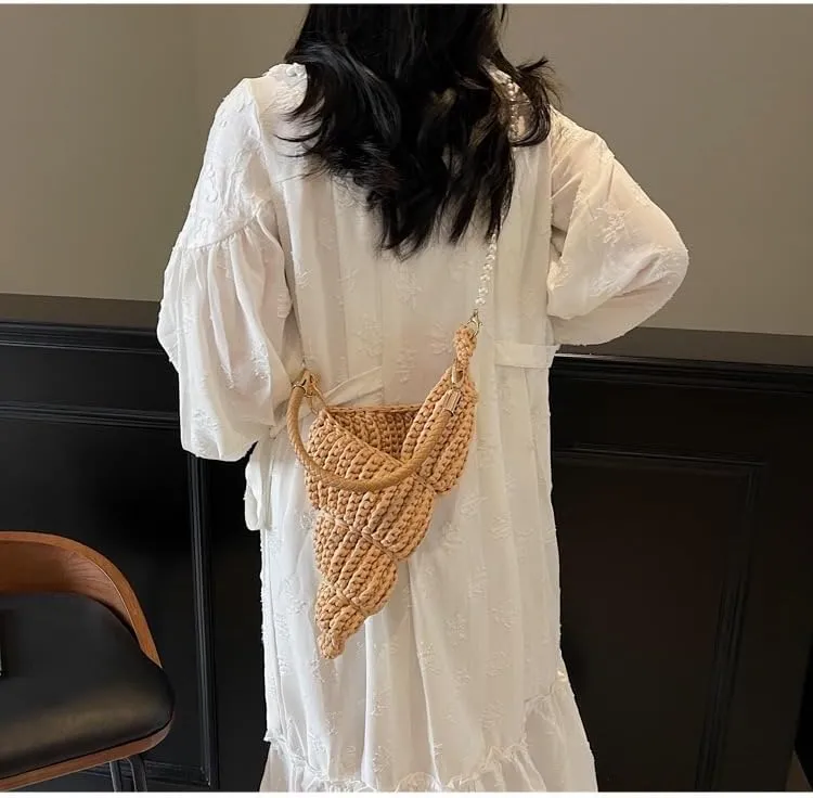 Handwoven Fashion Seashell Bag - Stylish & Unique Boho Clutch with Pearl Strap, Leather Handle & Premium Hardware