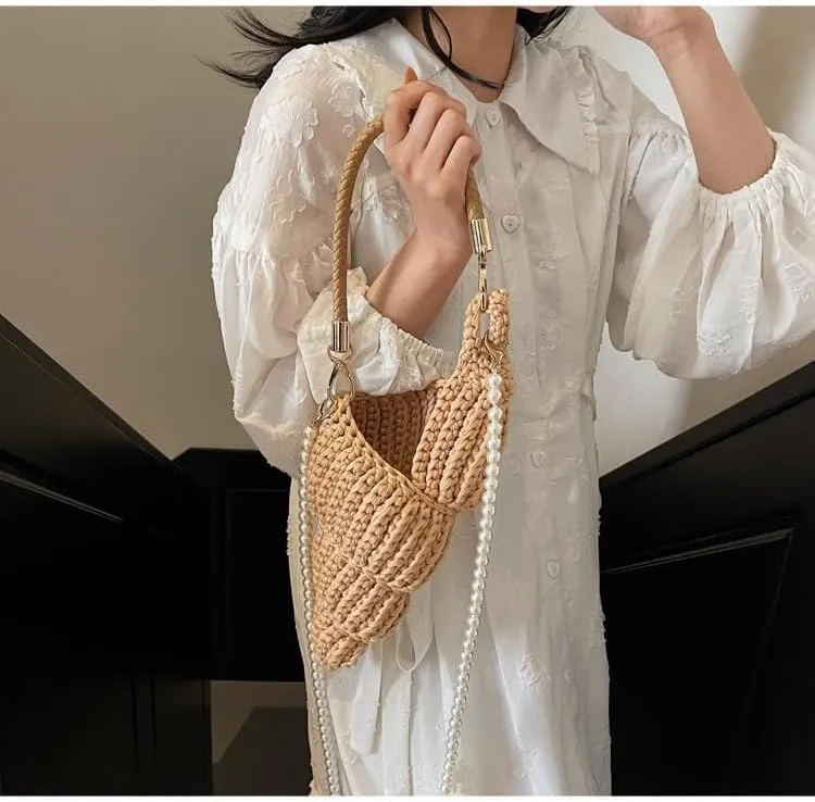 Handwoven Fashion Seashell Bag - Stylish & Unique Boho Clutch with Pearl Strap, Leather Handle & Premium Hardware