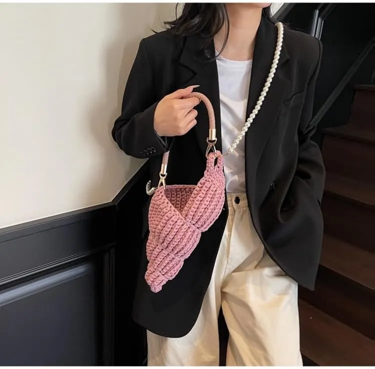 Handwoven Fashion Seashell Bag - Stylish & Unique Boho Clutch with Pearl Strap, Leather Handle & Premium Hardware