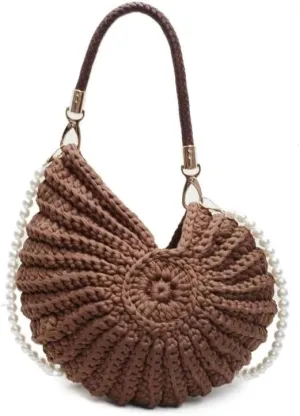 Handwoven Fashion Seashell Bag Stylish & Unique Boho Clutch with Pearl Strap Leather Handle & Premium Hardware