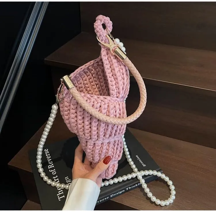 Handwoven Fashion Seashell Bag - Stylish & Unique Boho Clutch with Pearl Strap, Leather Handle & Premium Hardware
