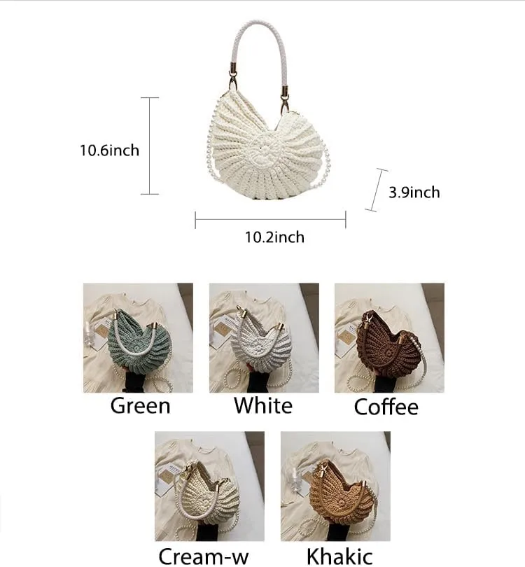 Handwoven Fashion Seashell Bag Stylish & Unique Boho Clutch with Pearl Strap Leather Handle & Premium Hardware