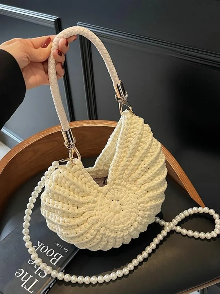 Handwoven Seashell Bag for Women Crochet Beach Bag Boho Clutch with Pearl Strap Leather Handle Unique Design 2025