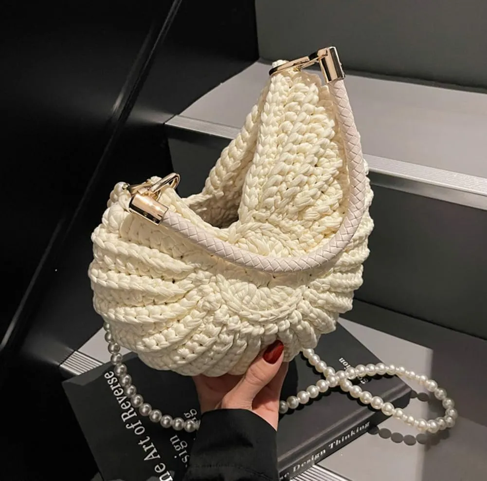 Handwoven Seashell Bag for Women Crochet Beach Bag Boho Clutch with Pearl Strap Leather Handle Unique Design 2025