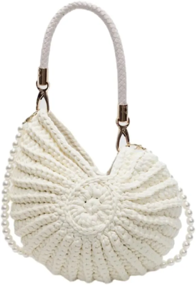 Handwoven Seashell Bag for Women Crochet Beach Bag Boho Clutch with Pearl Strap Leather Handle Unique Design 2025