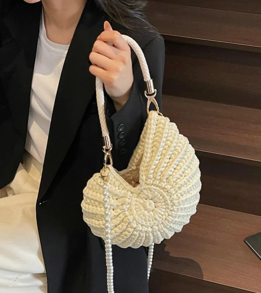 Handwoven Seashell Bag for Women Crochet Beach Bag Boho Clutch with Pearl Strap Leather Handle Unique Design 2025