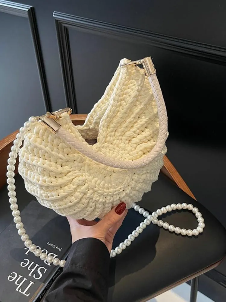 Handwoven Seashell Bag for Women Crochet Beach Bag Boho Clutch with Pearl Strap Leather Handle Unique Design 2025