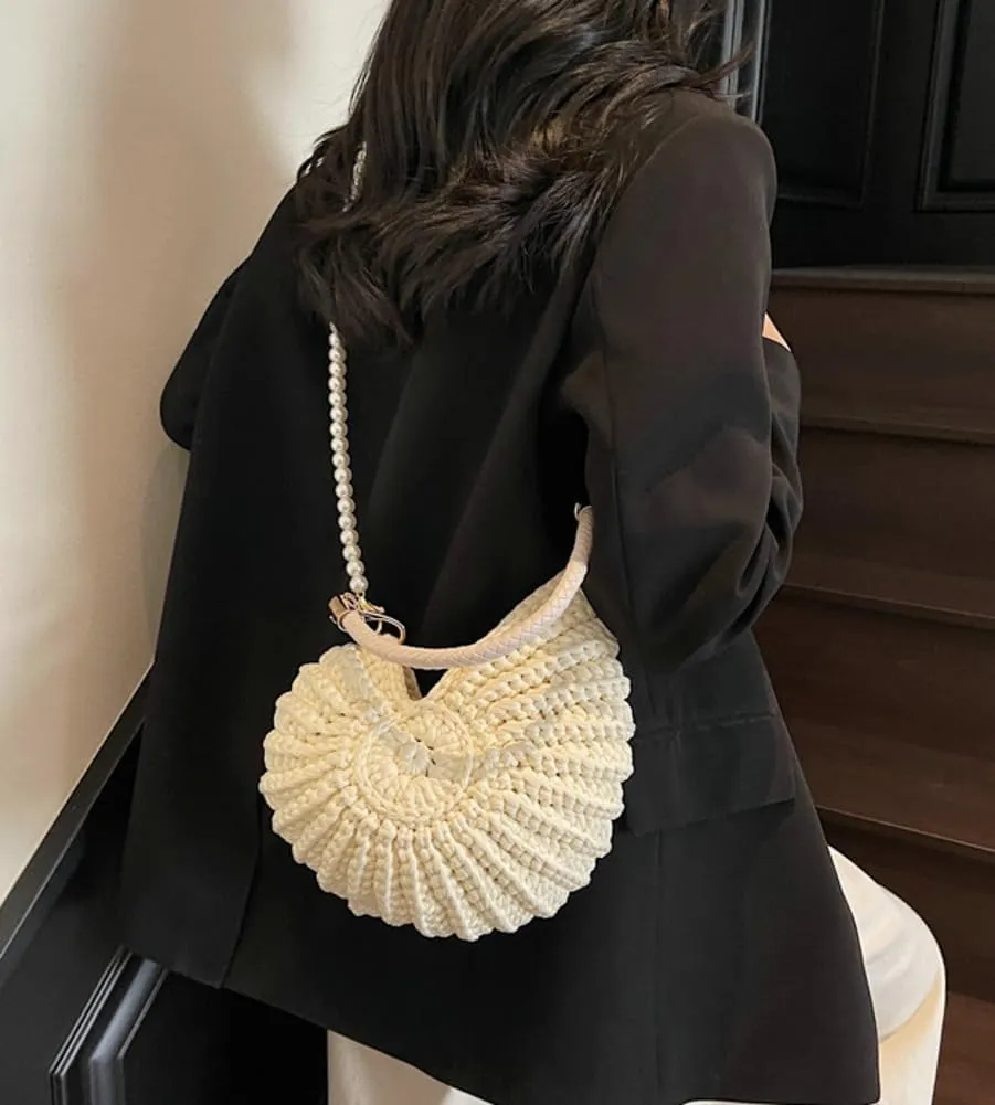 Handwoven Seashell Bag for Women Crochet Beach Bag Boho Clutch with Pearl Strap Leather Handle Unique Design 2025