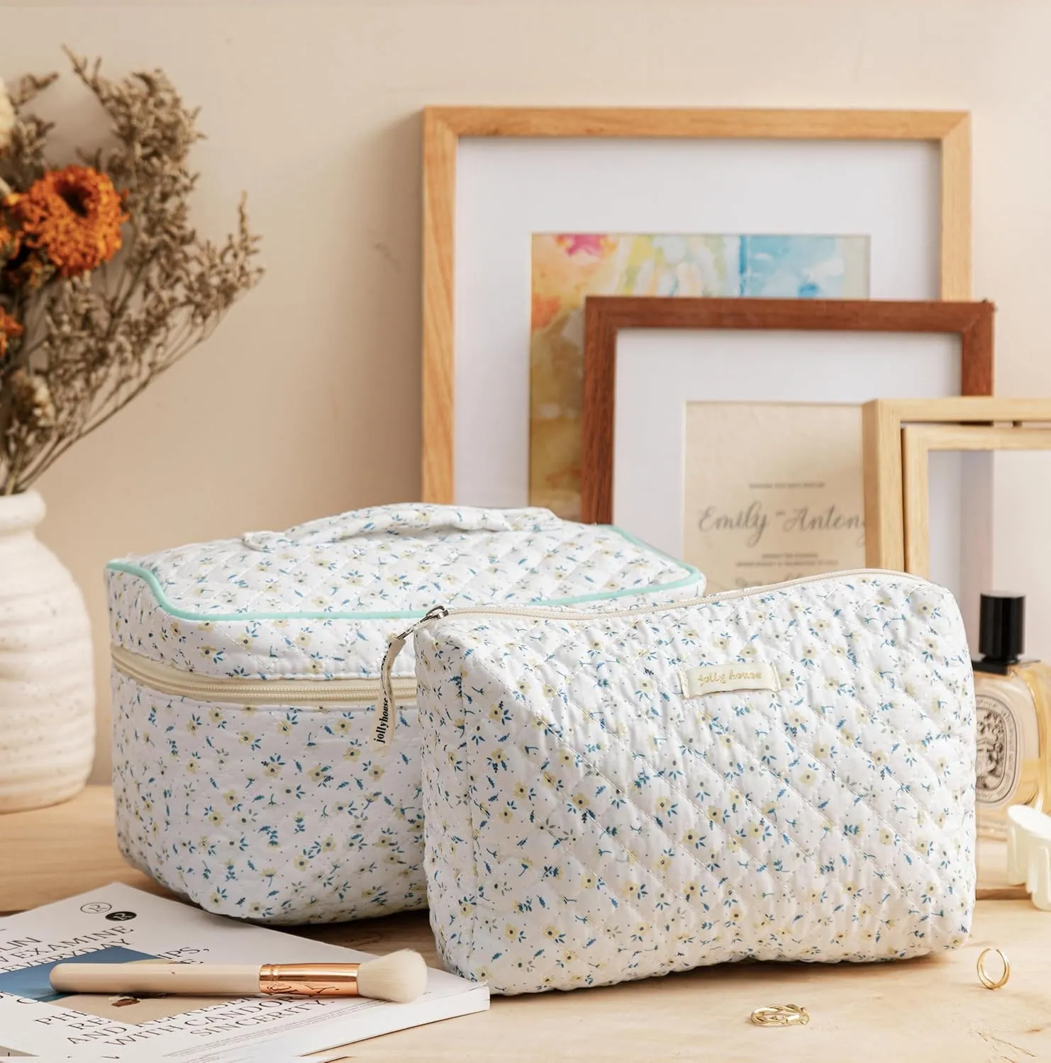 HBselect 2-Piece Cotton Quilted Coquette Travel Cosmetic Bag - Aesthetic Cute Kawaii Floral Makeup Bag for Women & Girls