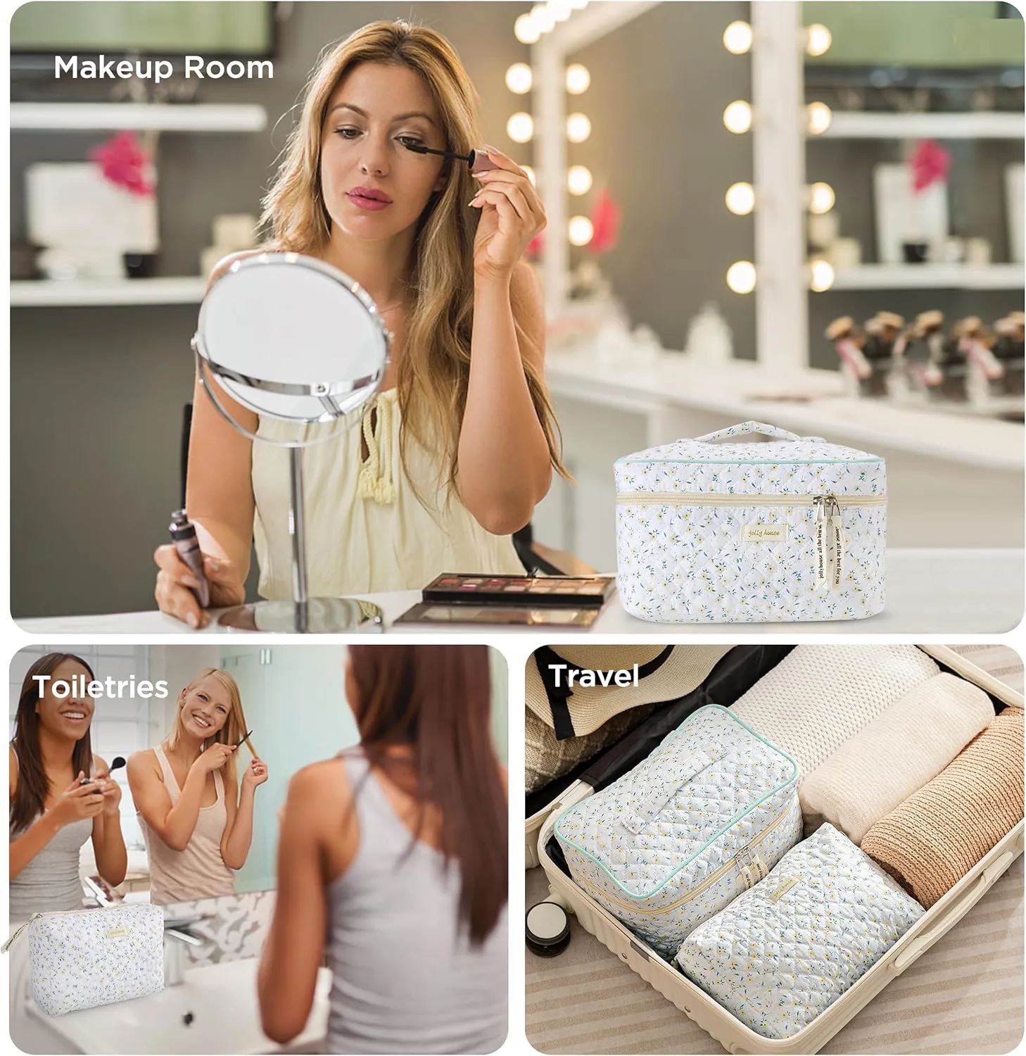 HBselect 2-Piece Cotton Quilted Coquette Travel Cosmetic Bag - Aesthetic Cute Kawaii Floral Makeup Bag for Women & Girls