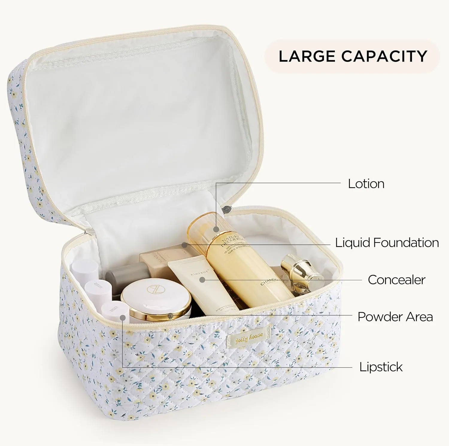HBselect 2-Piece Cotton Quilted Coquette Travel Cosmetic Bag - Aesthetic Cute Kawaii Floral Makeup Bag for Women & Girls