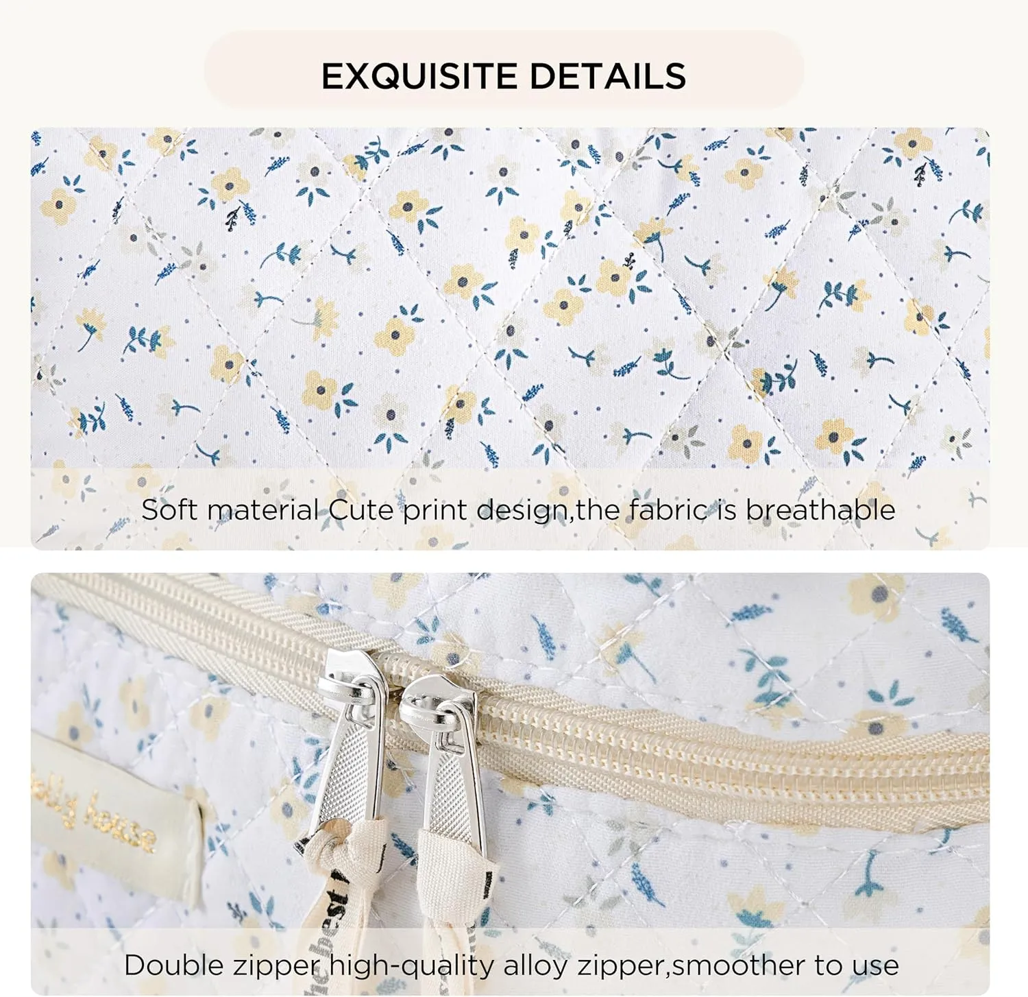 HBselect 2-Piece Cotton Quilted Coquette Travel Cosmetic Bag - Aesthetic Cute Kawaii Floral Makeup Bag for Women & Girls