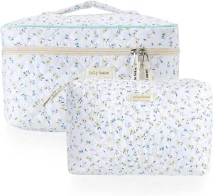 HBselect 2-Piece Cotton Quilted Coquette Travel Cosmetic Bag - Aesthetic Cute Kawaii Floral Makeup Bag for Women & Girls