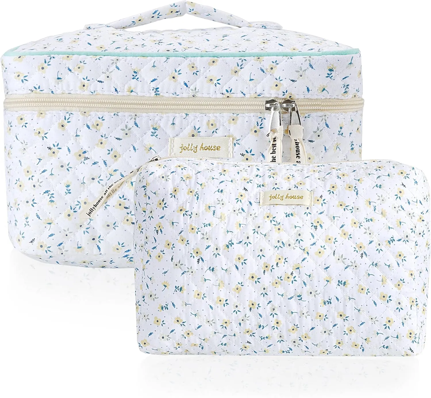 HBselect 2-Piece Cotton Quilted Coquette Travel Cosmetic Bag - Aesthetic Cute Kawaii Floral Makeup Bag for Women & Girls