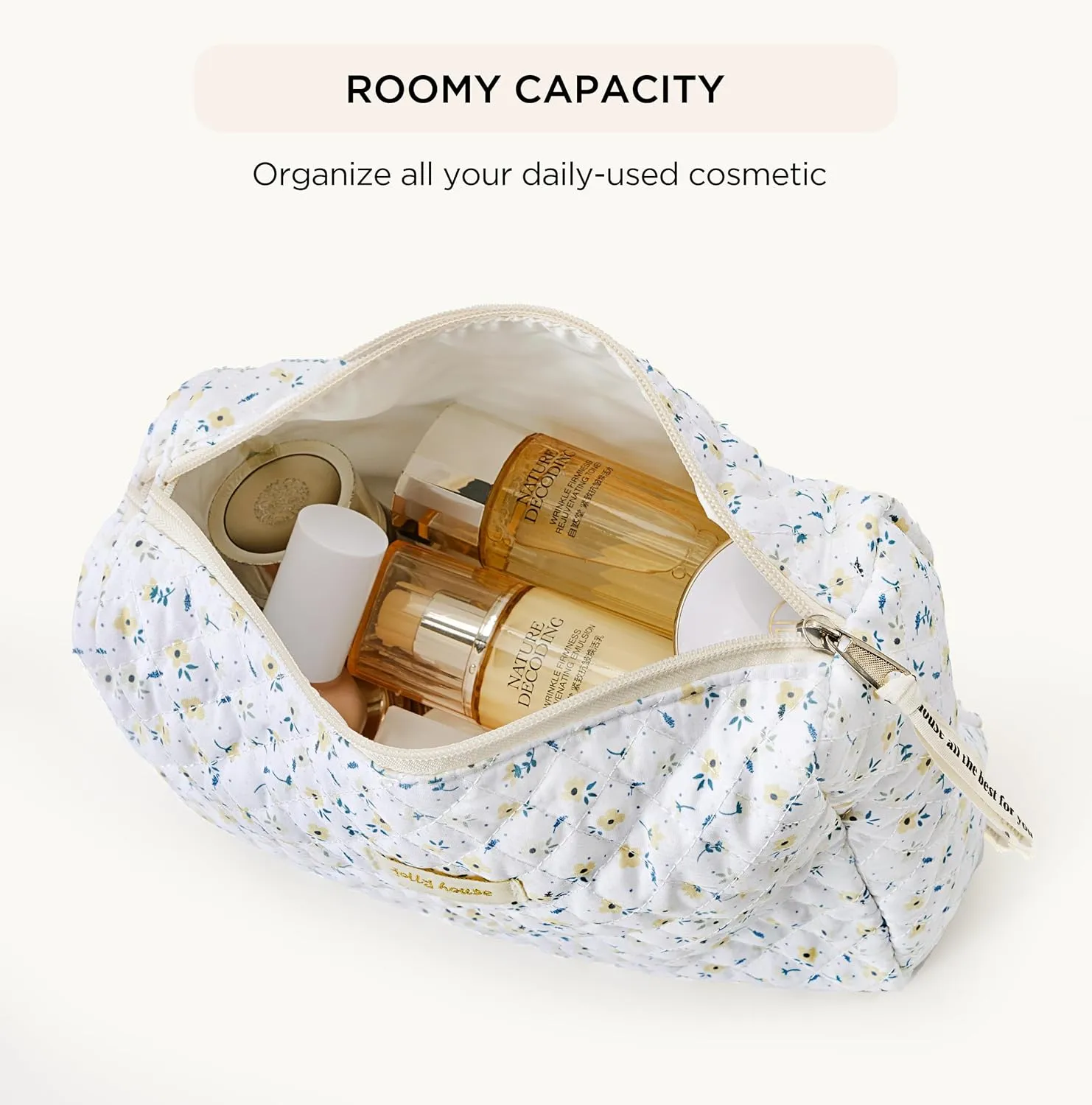 HBselect 2-Piece Cotton Quilted Coquette Travel Cosmetic Bag - Aesthetic Cute Kawaii Floral Makeup Bag for Women & Girls