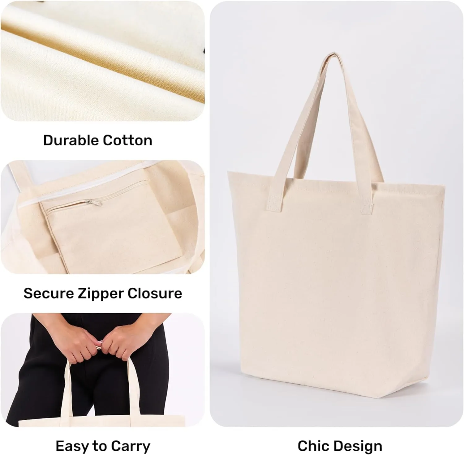 HIFA Personalized Custom Tote Bag for Women, Canvas Tote Bag - Zipper Closure, Extra Inner Pocket - Multipurpose Shoulder Bag