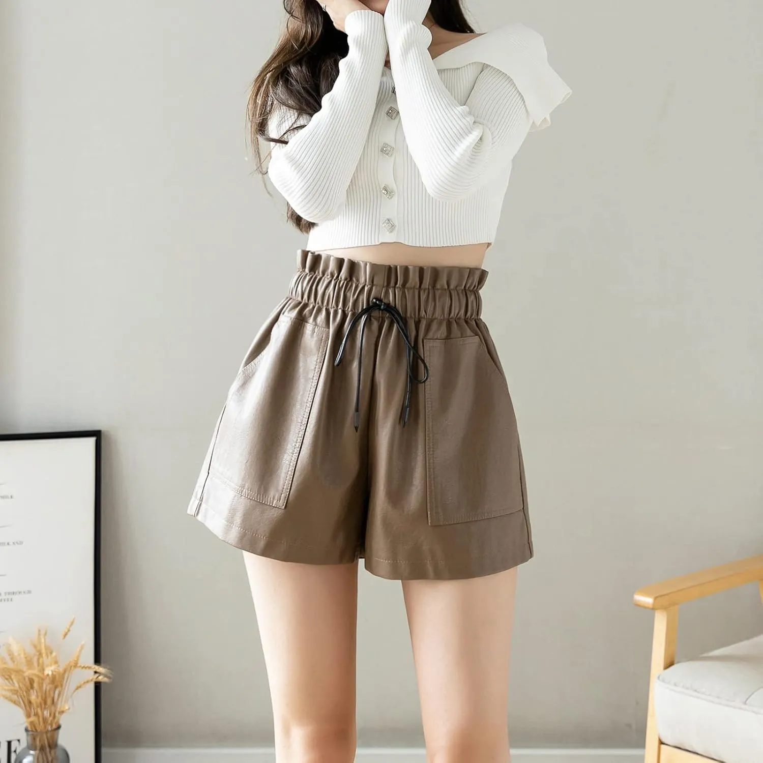 High Waisted Wide Leg Black Faux Leather Shorts for Women