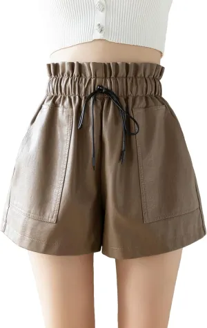 High Waisted Wide Leg Black Faux Leather Shorts for Women