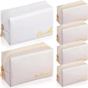 Hillban 6 Pcs Bride and Bridesmaid Cosmetic Bag PU Leather Makeup Bag Waterproof Makeup Pouch Purse Toiletry Gifts for Bridal Shower, Wedding, Bachelorette Party(White, Ivory White)