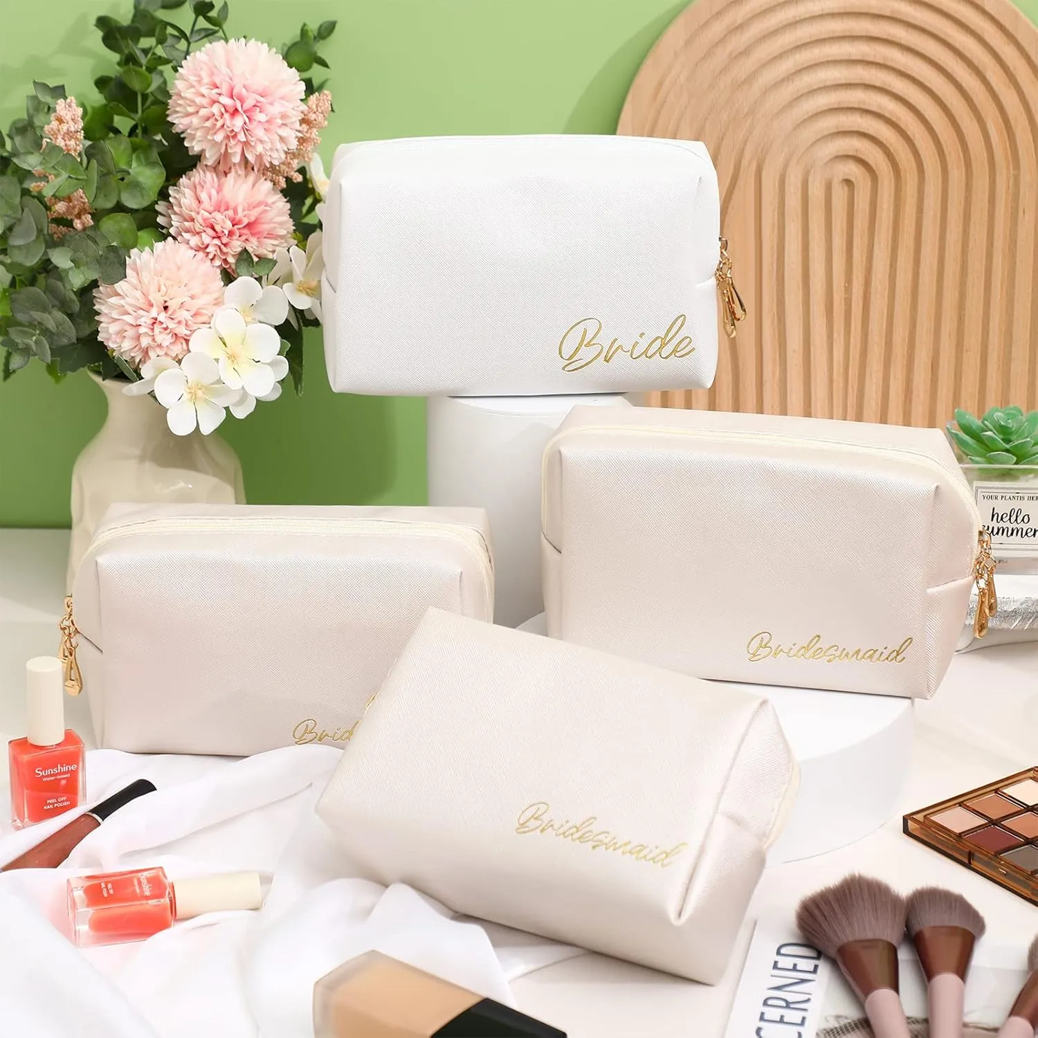 Hillban 6 Pcs Bride and Bridesmaid Cosmetic Bag PU Leather Makeup Bag Waterproof Makeup Pouch Purse Toiletry Gifts for Bridal Shower, Wedding, Bachelorette Party(White, Ivory White)