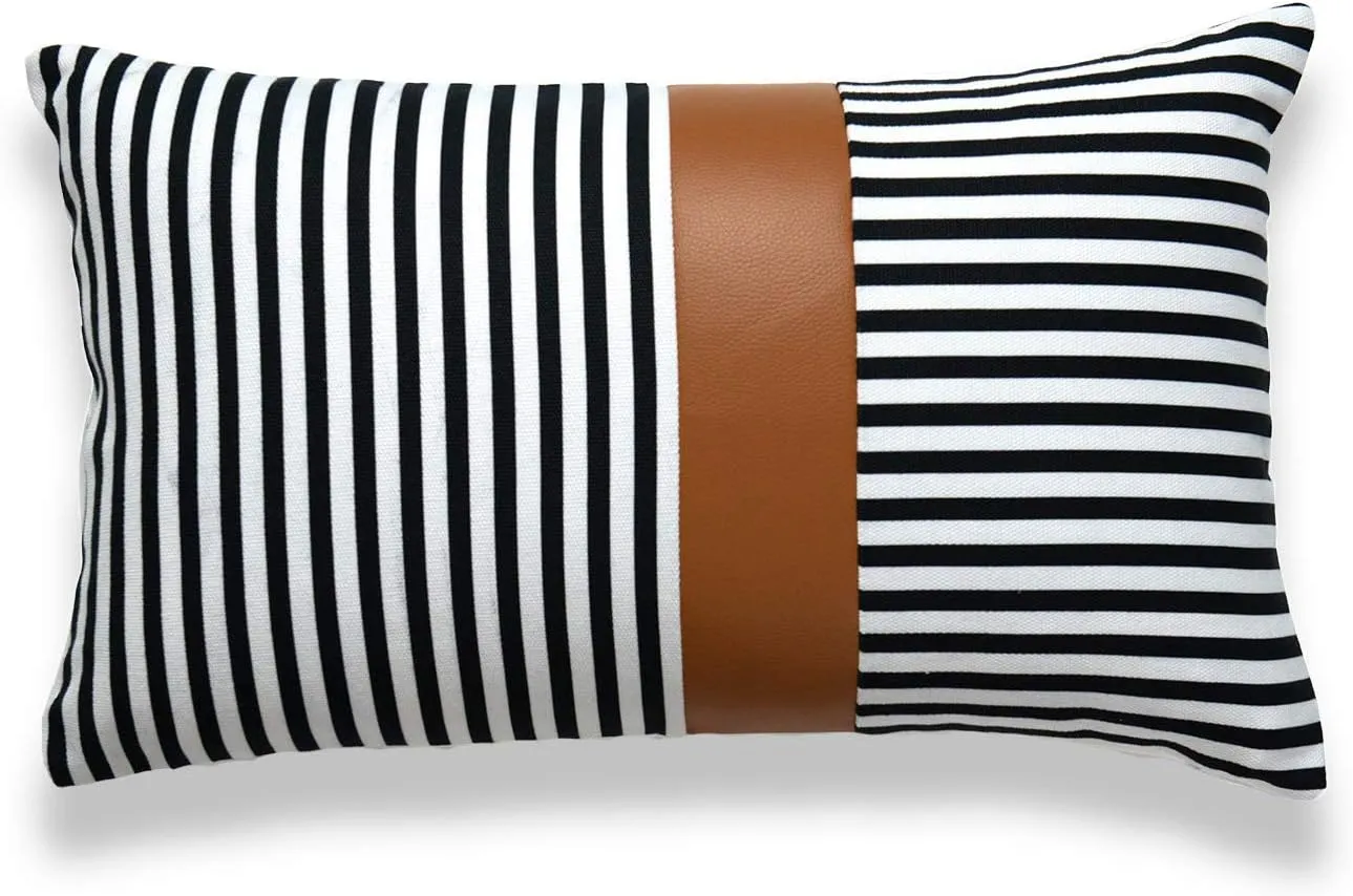 Hofdeco Faux Leather and 100% Cotton Pillow Cover Only, Camel Black Modern Design Stripes, 12"x20"