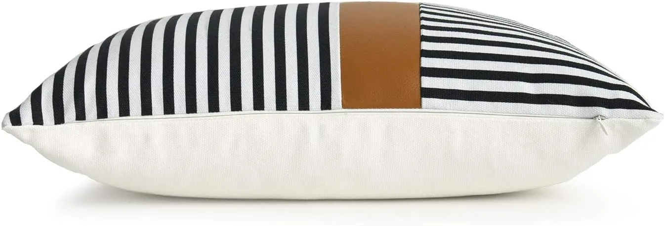 Hofdeco Faux Leather and 100% Cotton Pillow Cover Only, Camel Black Modern Design Stripes, 12"x20"