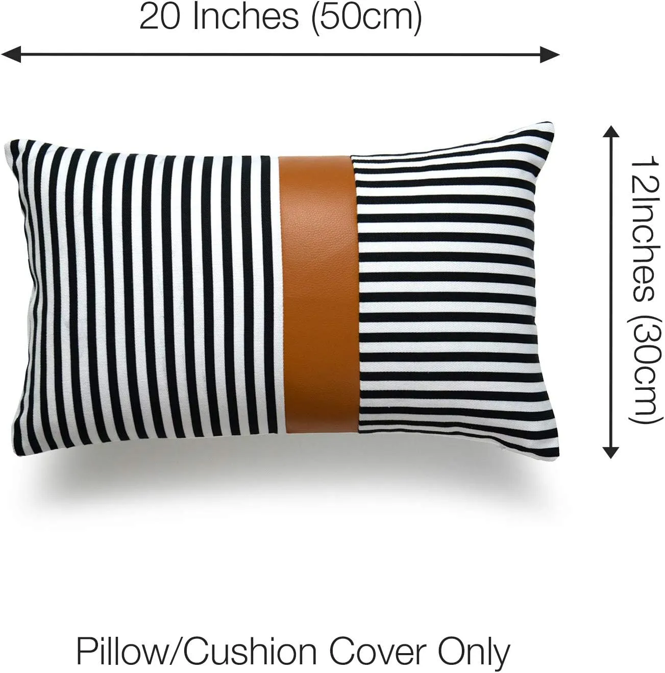 Hofdeco Faux Leather and 100% Cotton Pillow Cover Only, Camel Black Modern Design Stripes, 12"x20"