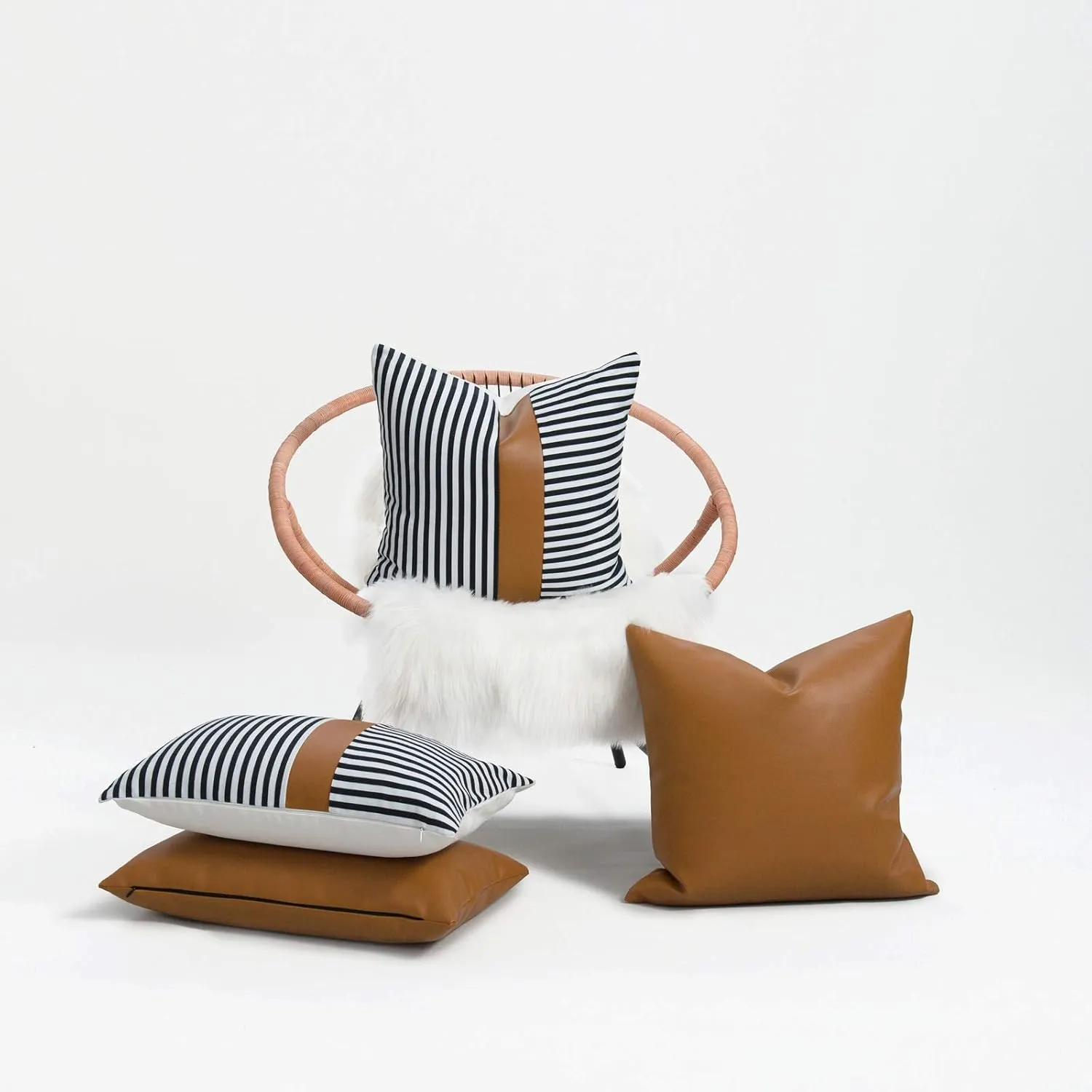 Hofdeco Faux Leather and 100% Cotton Pillow Cover Only, Camel Black Modern Design Stripes, 12"x20"