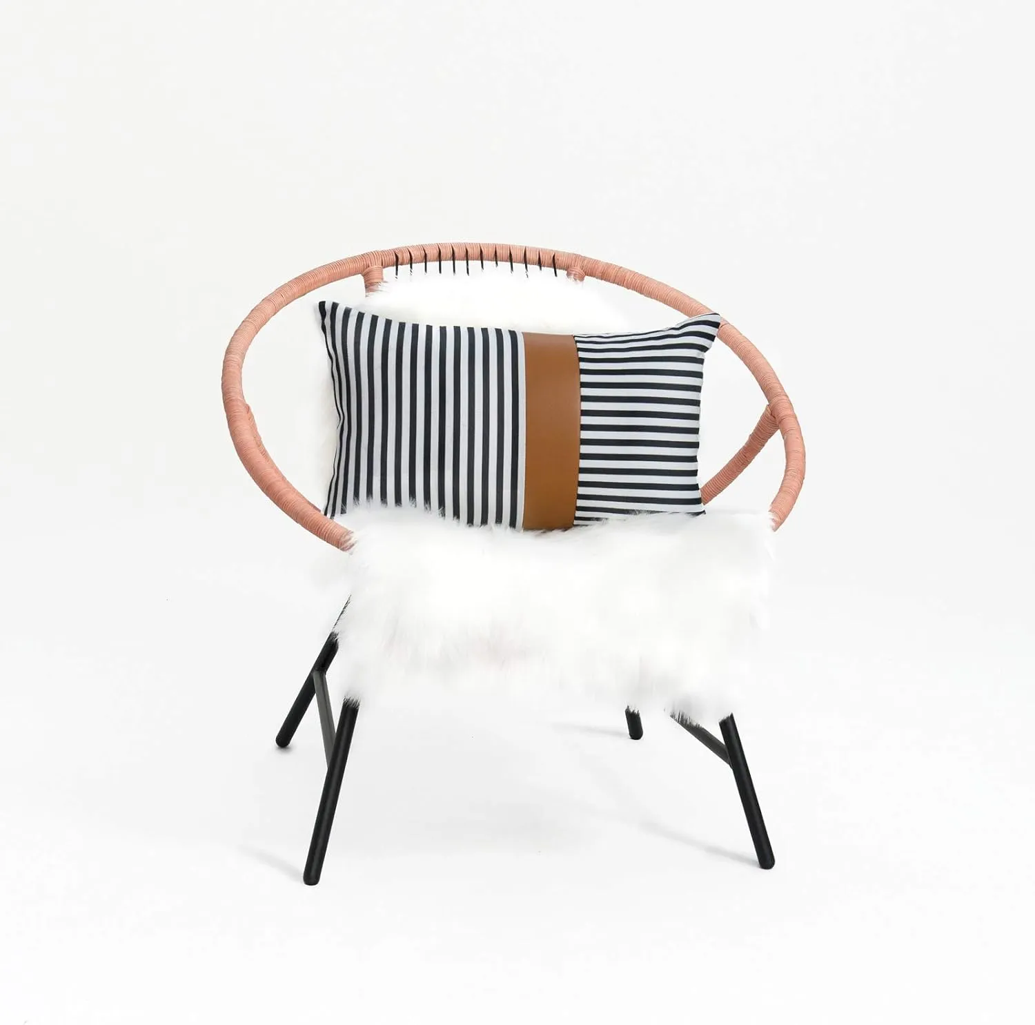 Hofdeco Faux Leather and 100% Cotton Pillow Cover Only, Camel Black Modern Design Stripes, 12"x20"