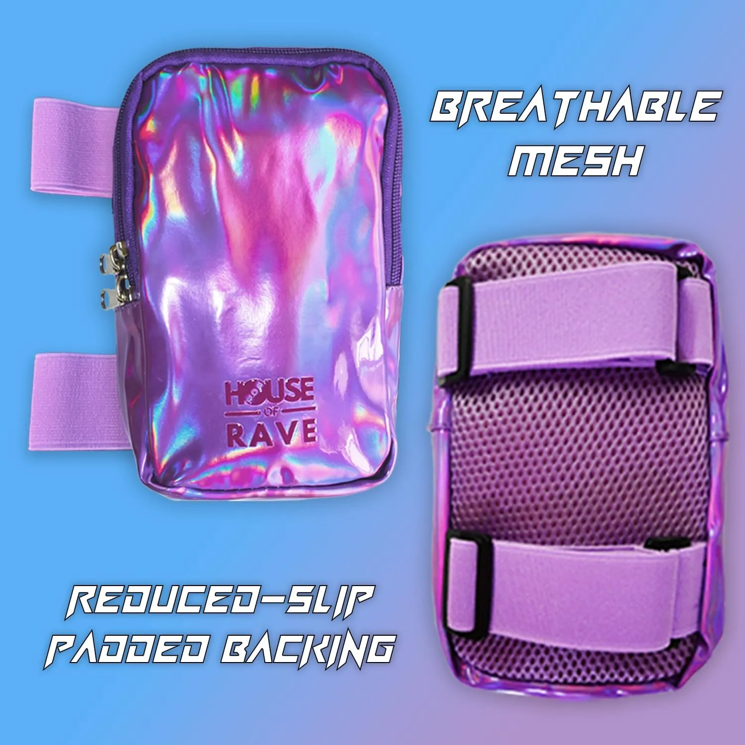 Holographic Thigh Bag No-Slip-Padded Backing - Inner Pockets & Double Zipper Carnival Thigh Bag for Women - Iridescent Leg Bag - Reflective Phone Holder (Purple)