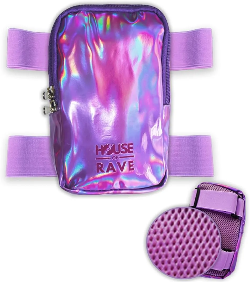 Holographic Thigh Bag No-Slip-Padded Backing - Inner Pockets & Double Zipper Carnival Thigh Bag for Women - Iridescent Leg Bag - Reflective Phone Holder (Purple)