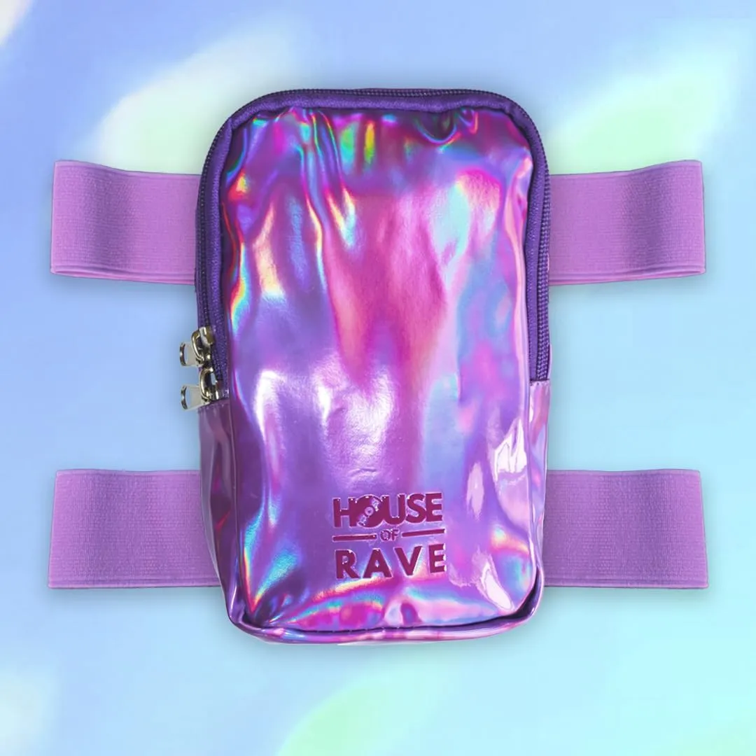 Holographic Thigh Bag No-Slip-Padded Backing - Inner Pockets & Double Zipper Carnival Thigh Bag for Women - Iridescent Leg Bag - Reflective Phone Holder (Purple)