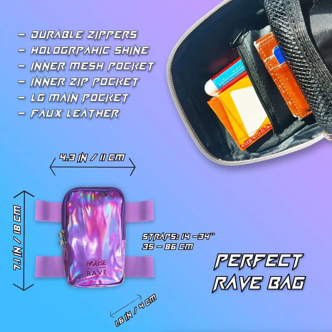 Holographic Thigh Bag No-Slip-Padded Backing - Inner Pockets & Double Zipper Carnival Thigh Bag for Women - Iridescent Leg Bag - Reflective Phone Holder (Purple)
