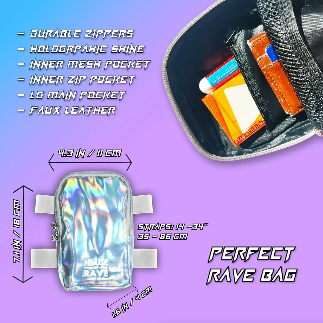 Holographic Thigh Bag No-Slip-Padded Backing - Inner Pockets & Double Zipper Carnival Thigh Bag for Women - Iridescent Leg Bag - Reflective Phone Holder (Silver)