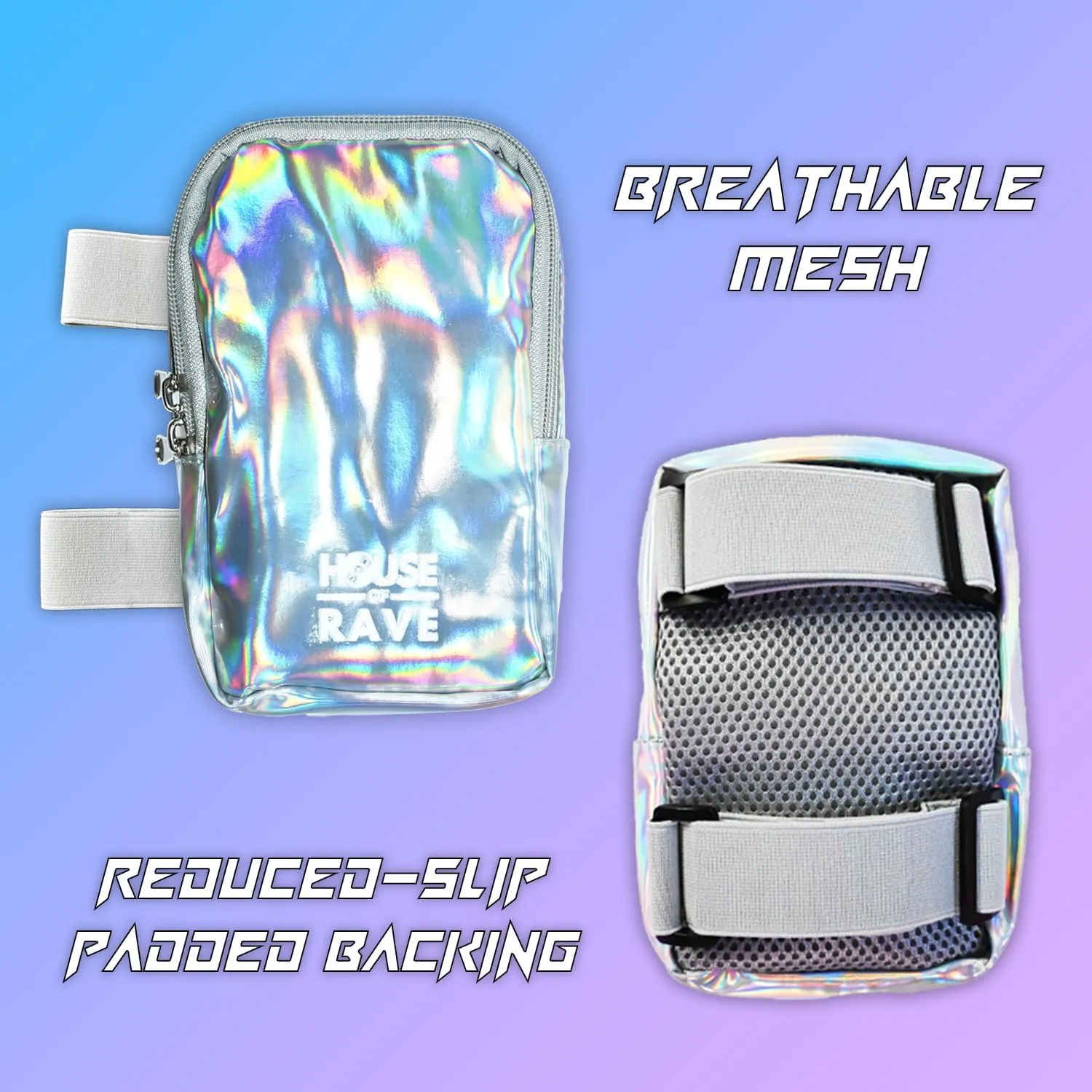 Holographic Thigh Bag No-Slip-Padded Backing - Inner Pockets & Double Zipper Carnival Thigh Bag for Women - Iridescent Leg Bag - Reflective Phone Holder (Silver)