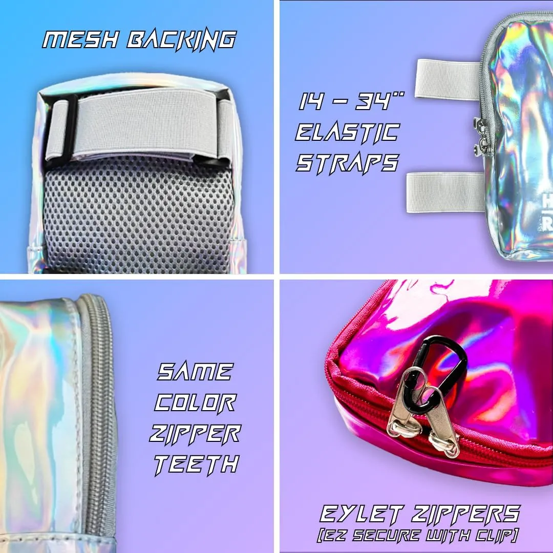 Holographic Thigh Bag No-Slip-Padded Backing - Inner Pockets & Double Zipper Carnival Thigh Bag for Women - Iridescent Leg Bag - Reflective Phone Holder (Silver)