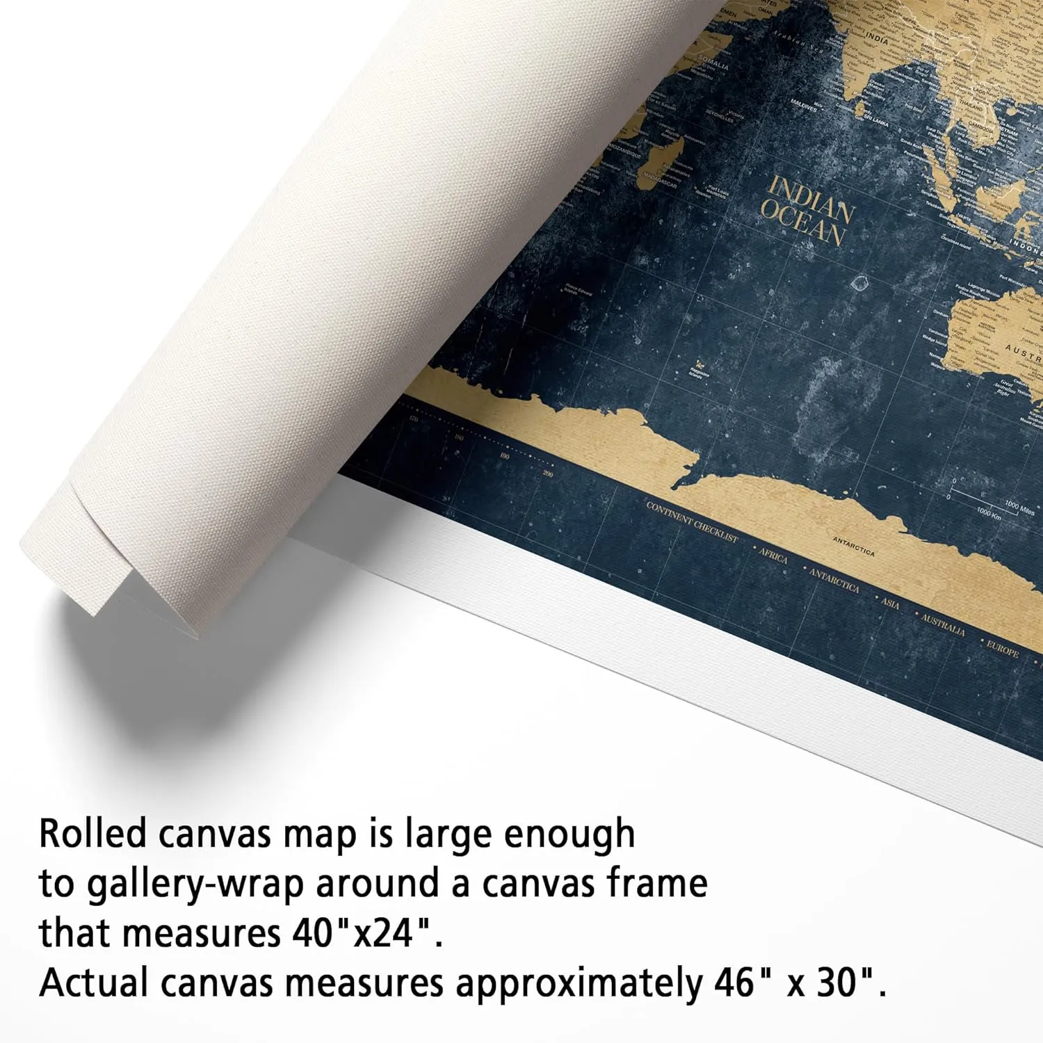 Holy Cow Canvas Personalized Gold & Navy Textured Push Pin World Map on Canvas, Push Pins Included to Track Travels, World Map Pin Board, Best gift for People Who Travel (40" x 24", Rolled)