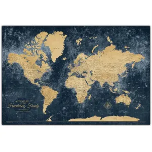 Holy Cow Canvas Personalized Gold & Navy Textured Push Pin World Map on Canvas, Push Pins Included to Track Travels, World Map Pin Board, Best gift for People Who Travel (40" x 24", Rolled)