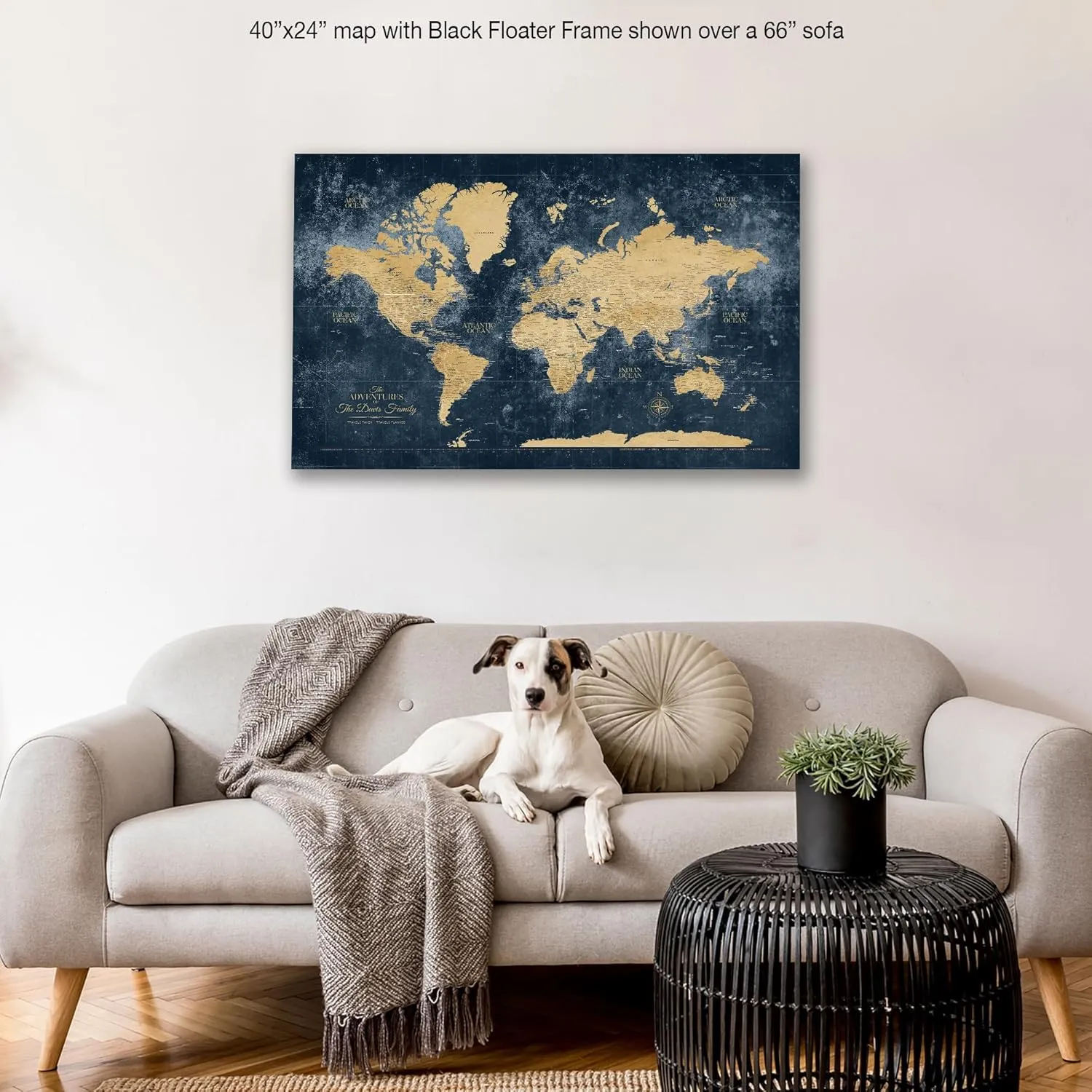 Holy Cow Canvas Personalized Gold & Navy Textured Push Pin World Map on Canvas, Push Pins Included to Track Travels, World Map Pin Board, Best gift for People Who Travel (40" x 24", Rolled)