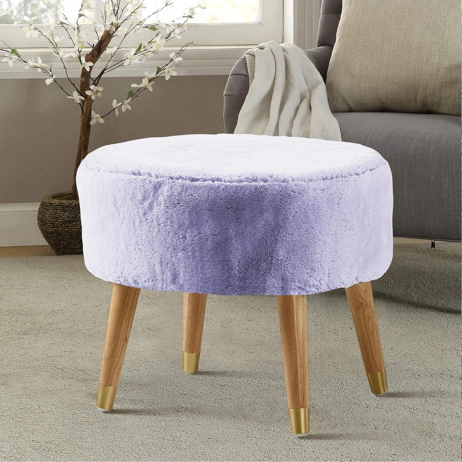 Home Soft Things Purple Heavy Faux Fur Oval Ottoman, 22'' x 18'' x 18'', Lavender Fog, Super Soft Fuzzy Round Makeup Ottoman Bedroom Foot Rest Stool for Living Room Entryway Chair Home Decor