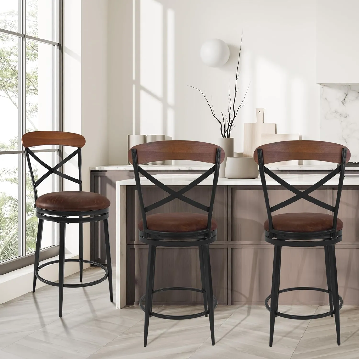 HomePop Hudson Swivel Counterstool, 26-Inch, Brown Faux Leather
