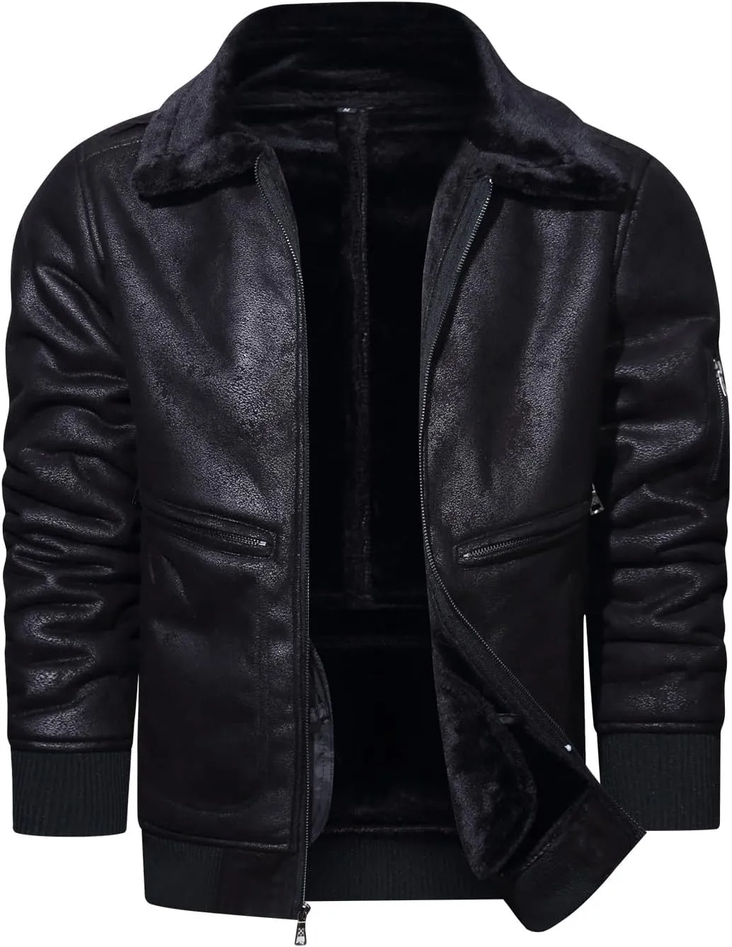HOOD CREW Men’s Faux Fur Leather Jacket Autumn Winter Fleece Lined Coat Vintage Bomber Jacket